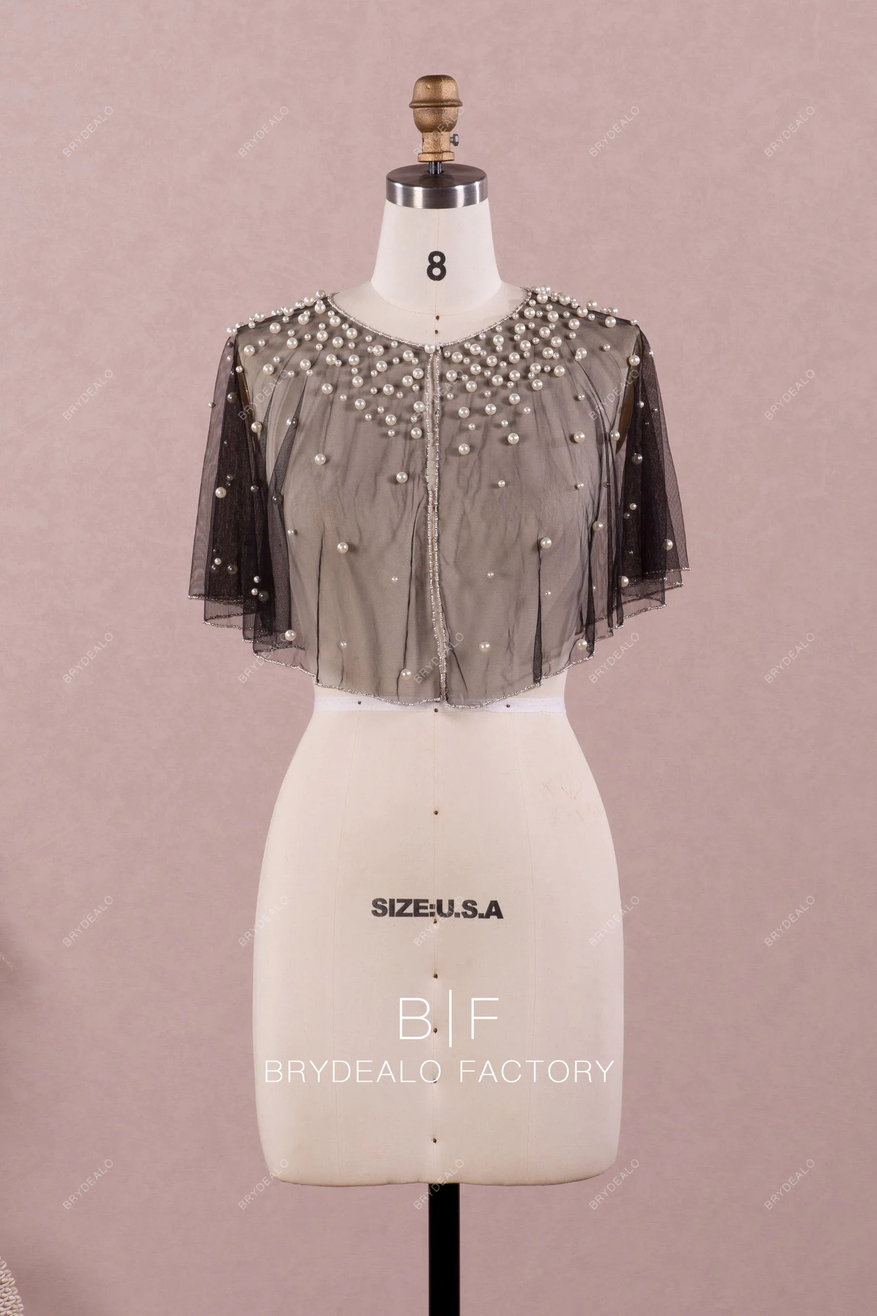 Black Tulle Bridal Cape with Beading & Pearls