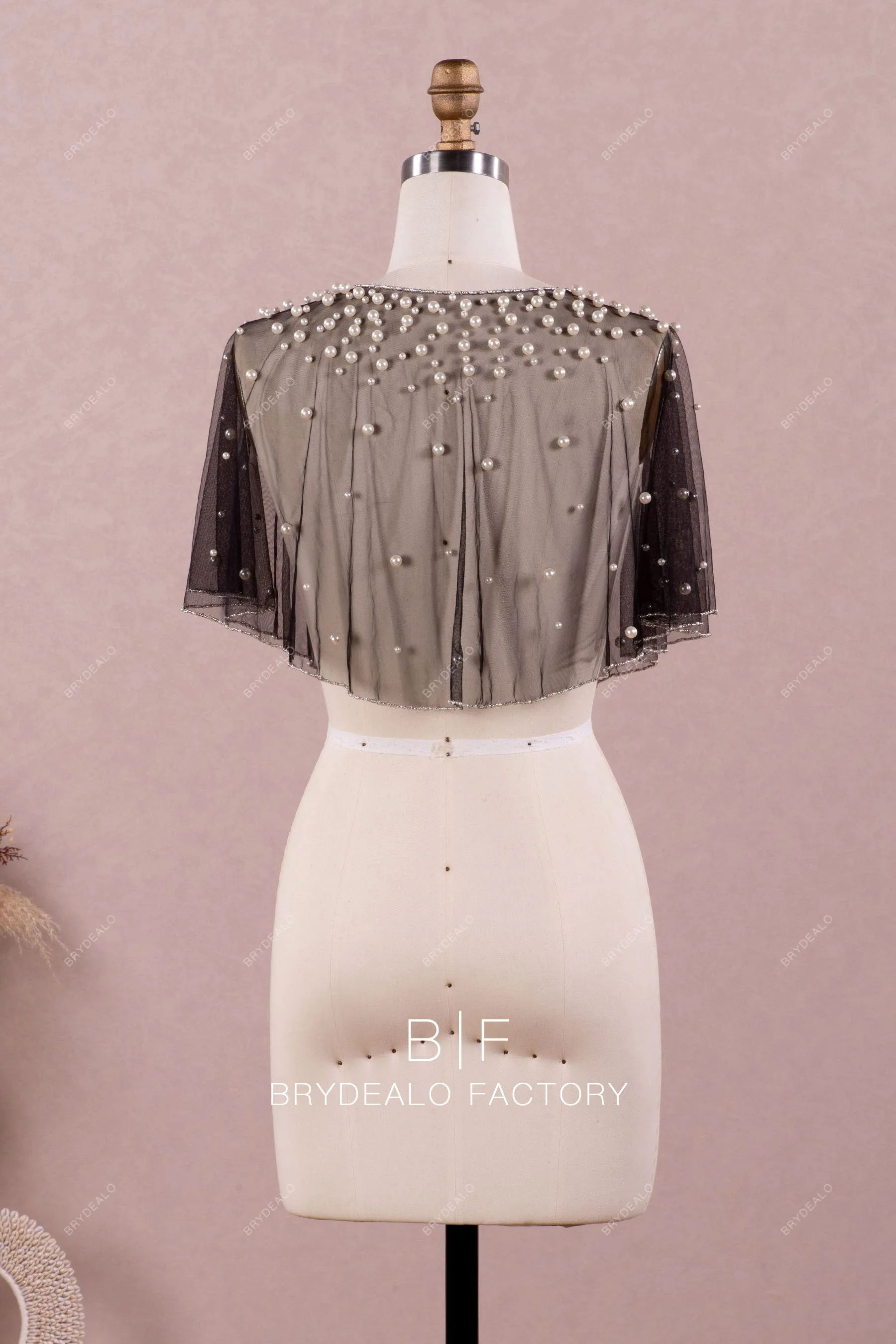 Black Tulle Bridal Cape with Beading & Pearls