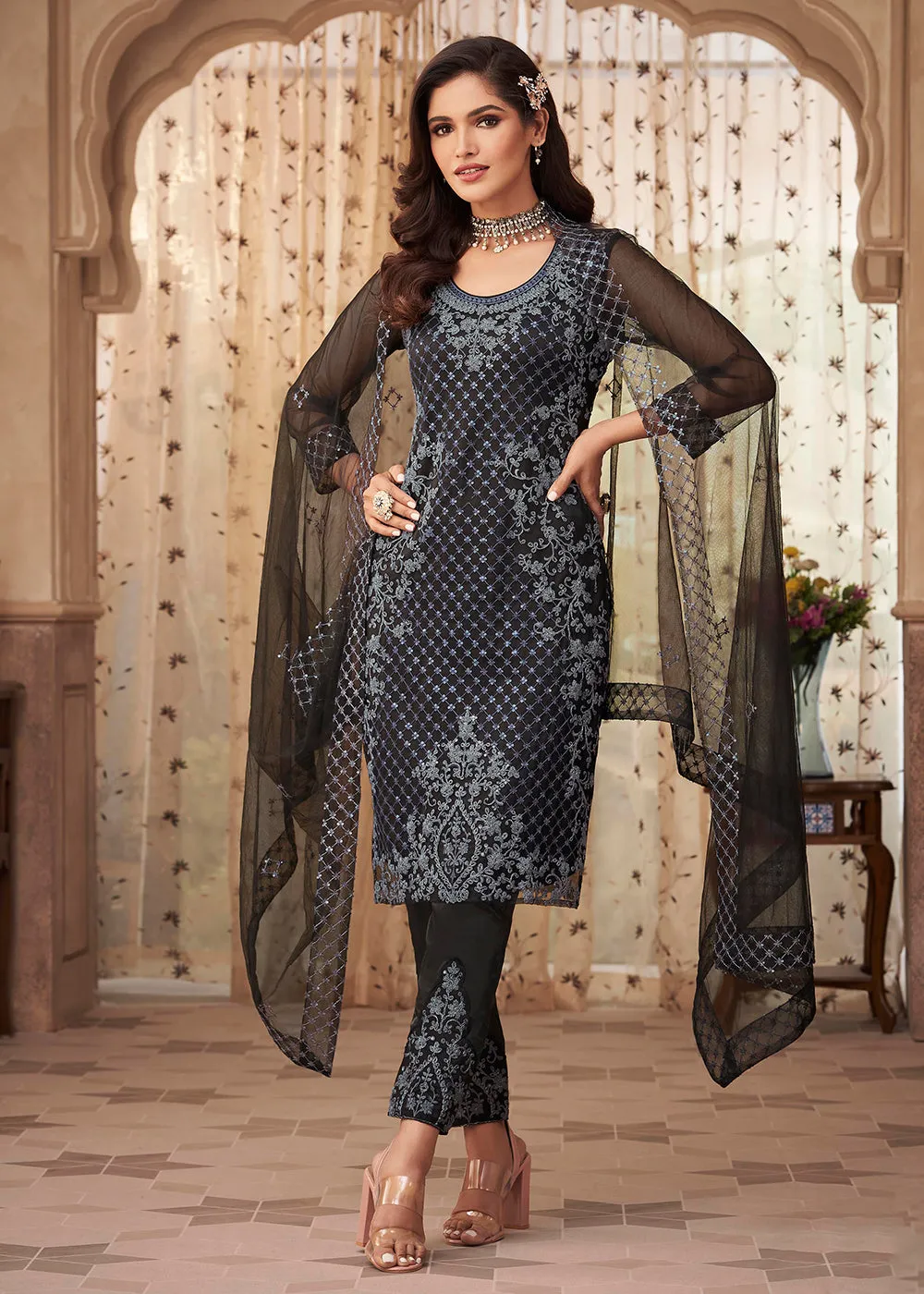Black Viscose Net Embroidered Wedding Party Salwar Suit
