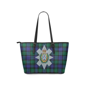 Black Watch Modern Tartan Leather Tote Bag with Family Crest