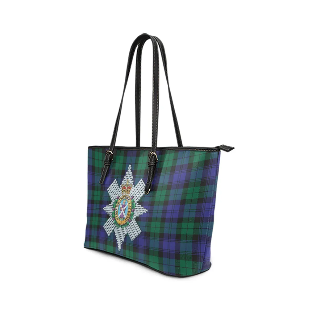 Black Watch Modern Tartan Leather Tote Bag with Family Crest