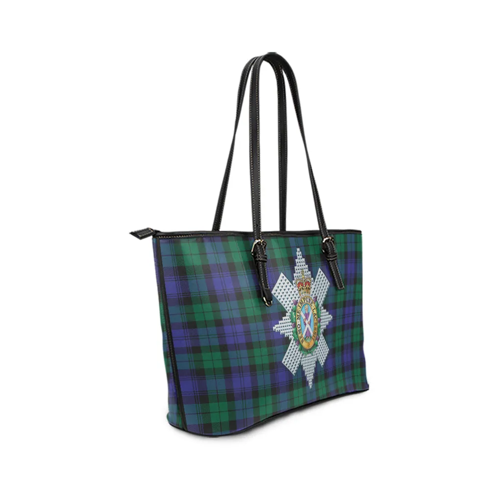 Black Watch Modern Tartan Leather Tote Bag with Family Crest
