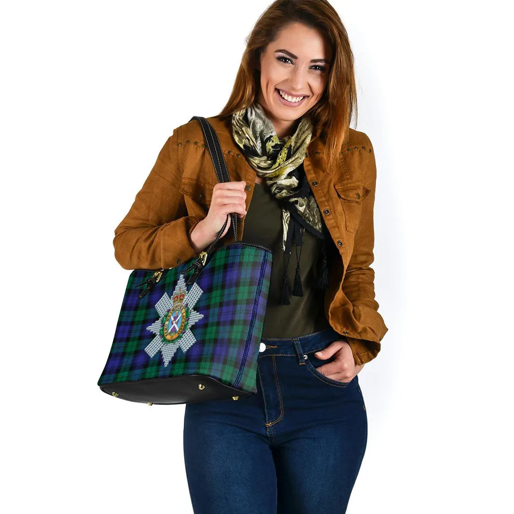 Black Watch Modern Tartan Leather Tote Bag with Family Crest
