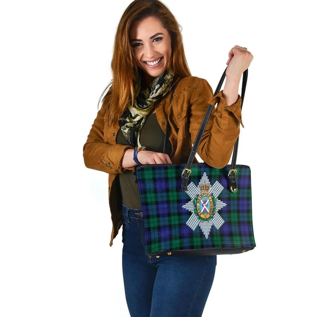 Black Watch Modern Tartan Leather Tote Bag with Family Crest
