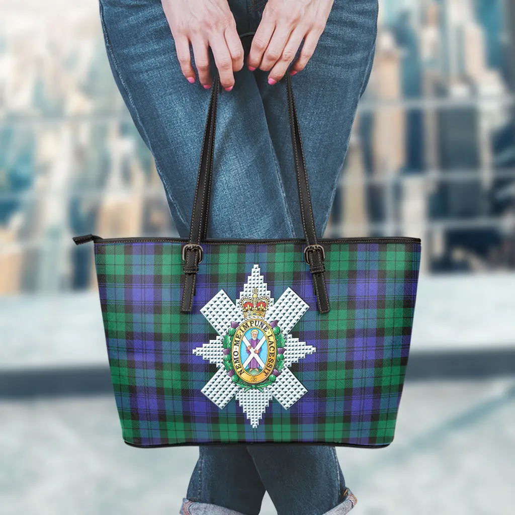Black Watch Modern Tartan Leather Tote Bag with Family Crest