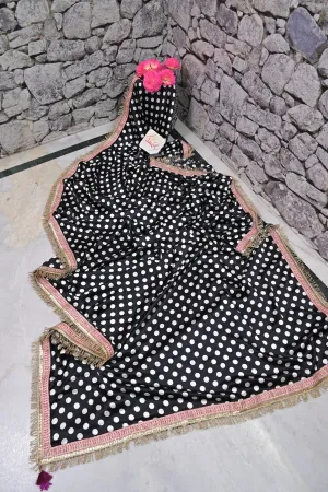 Black with White Polka Dot Satin Silk Saree with Designer Blouse Piece