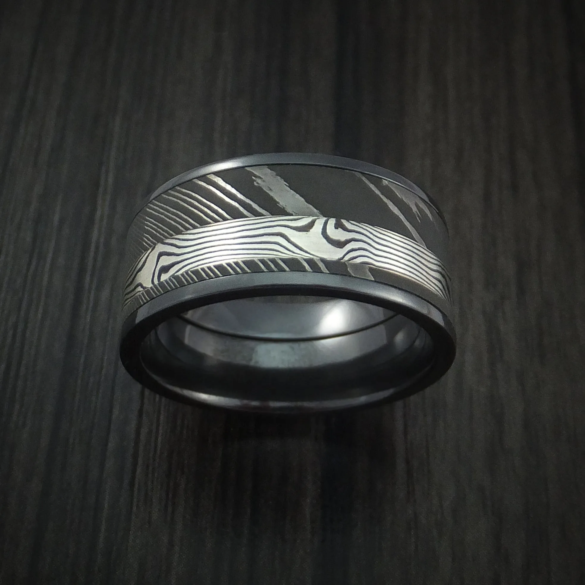 Black Zirconium and Damascus Steel Band with Silver Mokume Gane Shakudo Custom Made Men's Ring