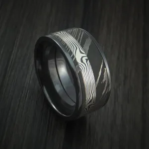 Black Zirconium and Damascus Steel Band with Silver Mokume Gane Shakudo Custom Made Men's Ring