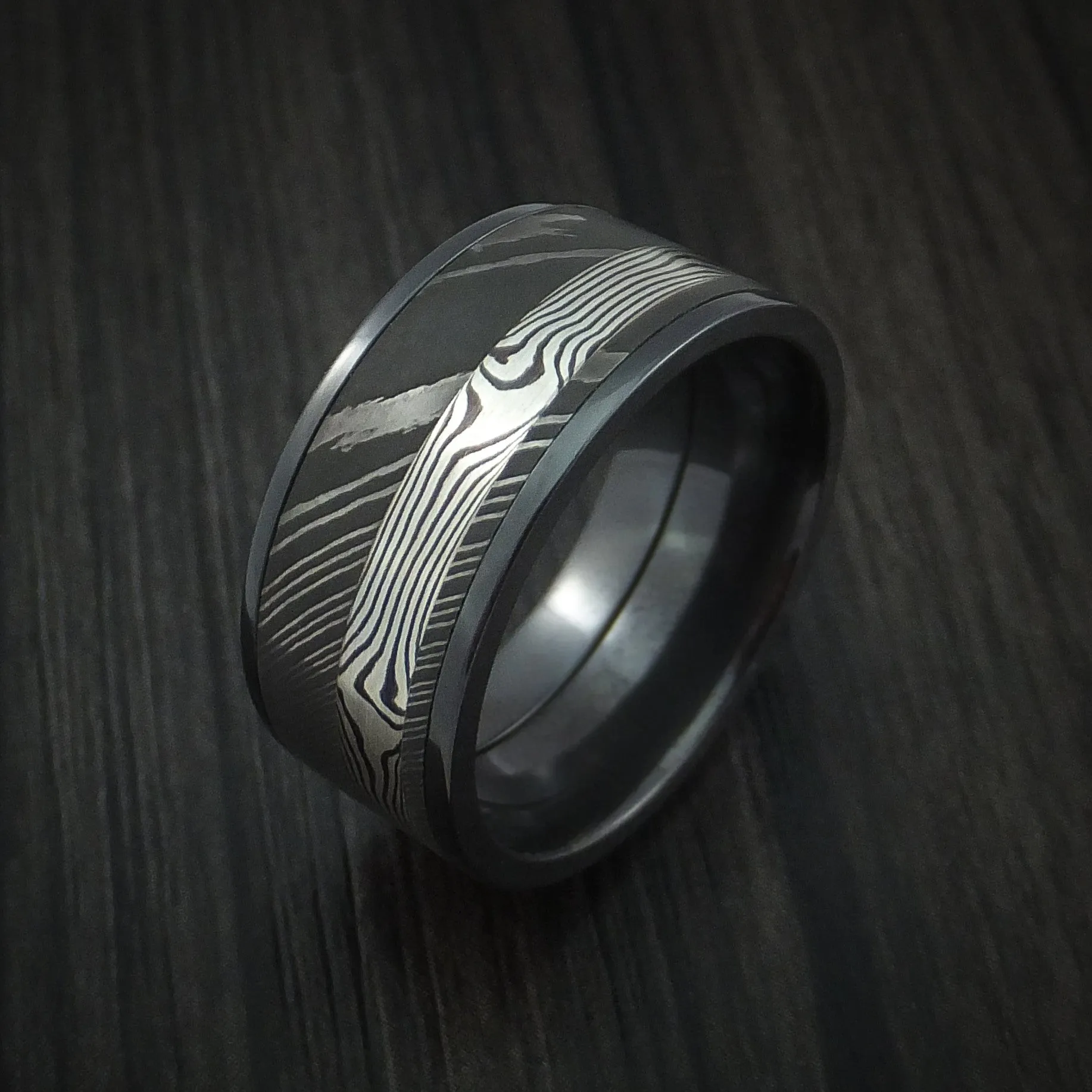 Black Zirconium and Damascus Steel Band with Silver Mokume Gane Shakudo Custom Made Men's Ring