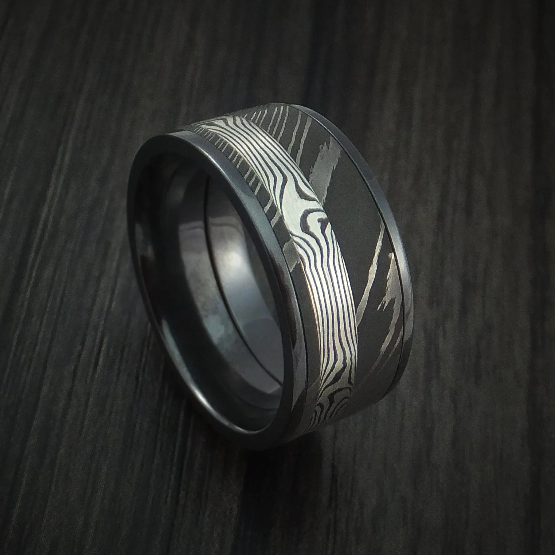 Black Zirconium and Damascus Steel Band with Silver Mokume Gane Shakudo Custom Made Men's Ring