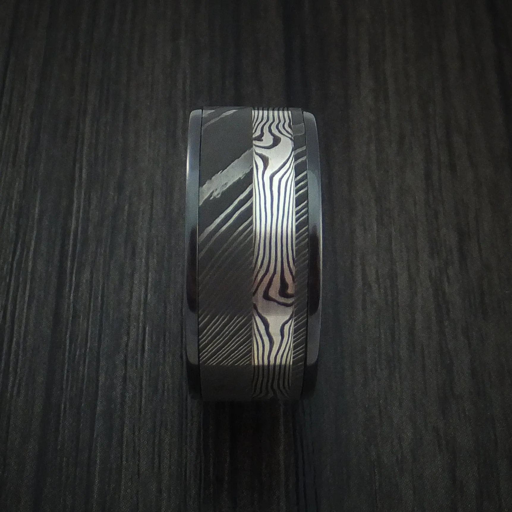 Black Zirconium and Damascus Steel Band with Silver Mokume Gane Shakudo Custom Made Men's Ring
