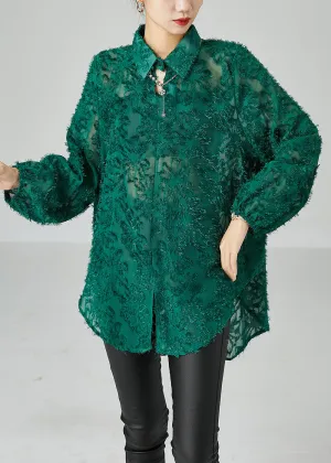Blackish Green Loose Lace UPF 50  Shirt Tops Fluffy Summer LY2460