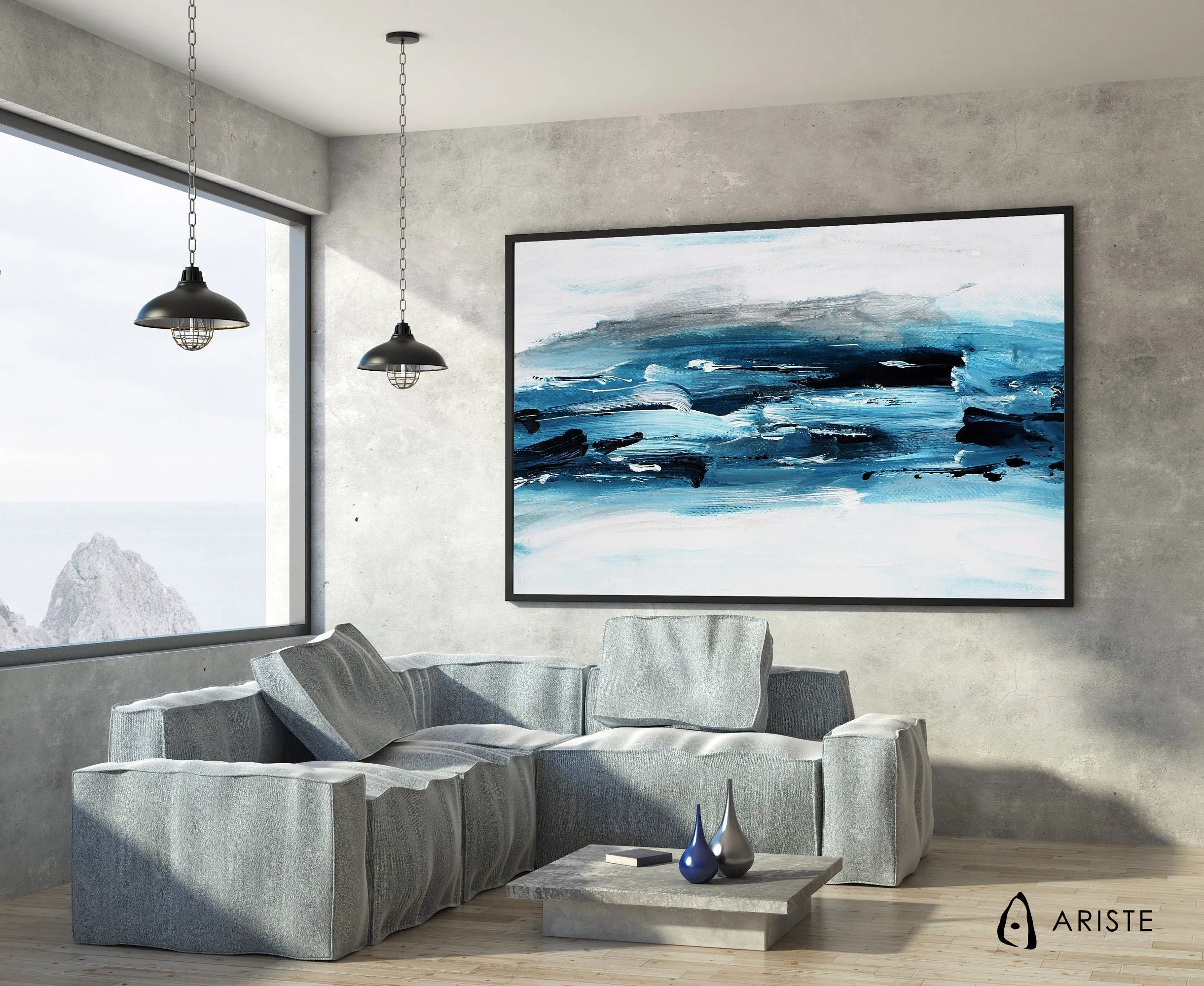 Blue & white large abstract wall art made to order in a custom size