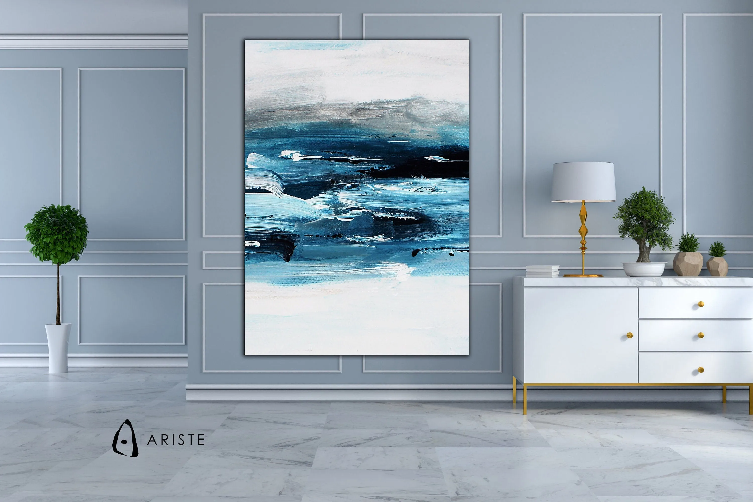 Blue & white large abstract wall art made to order in a custom size
