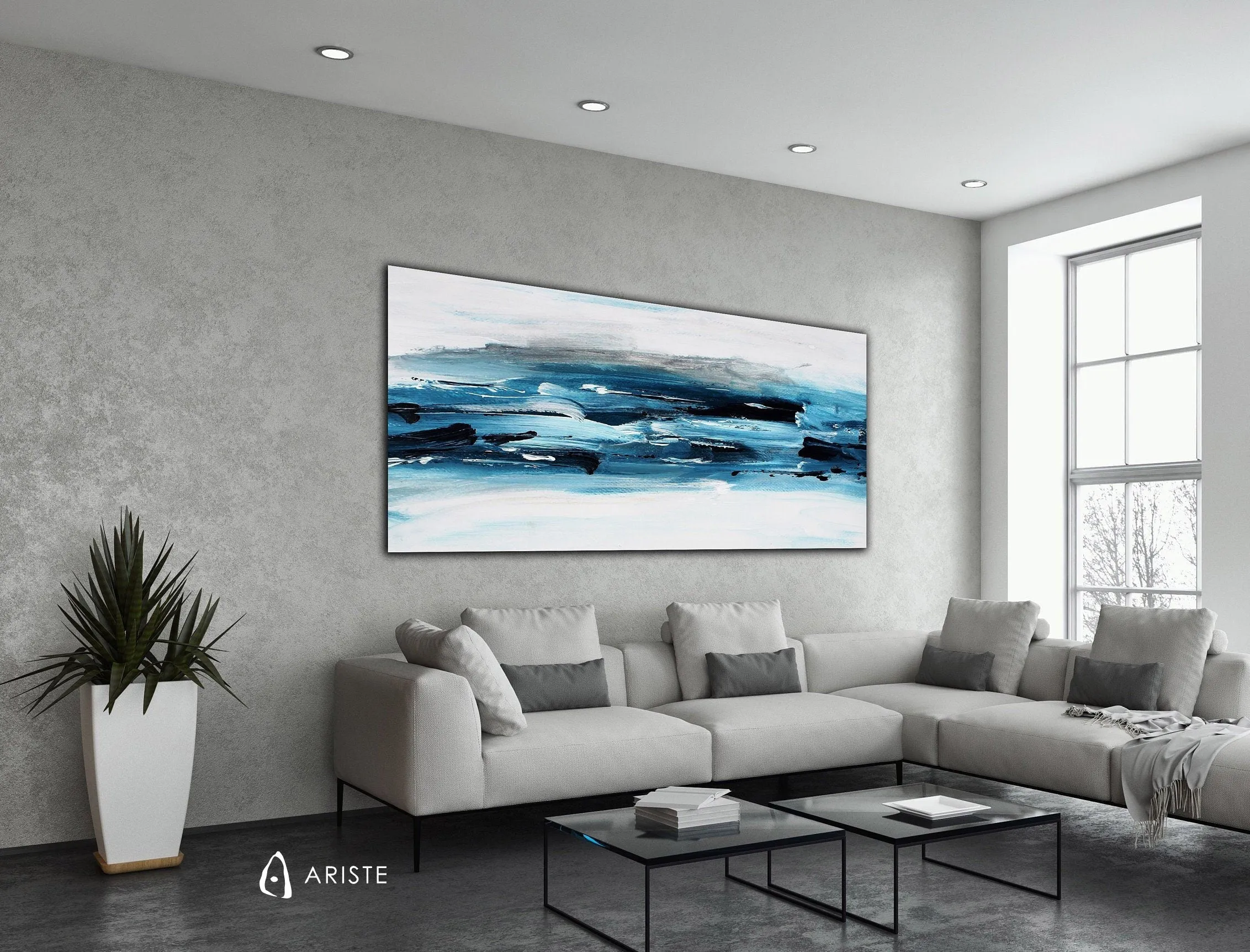 Blue & white large abstract wall art made to order in a custom size