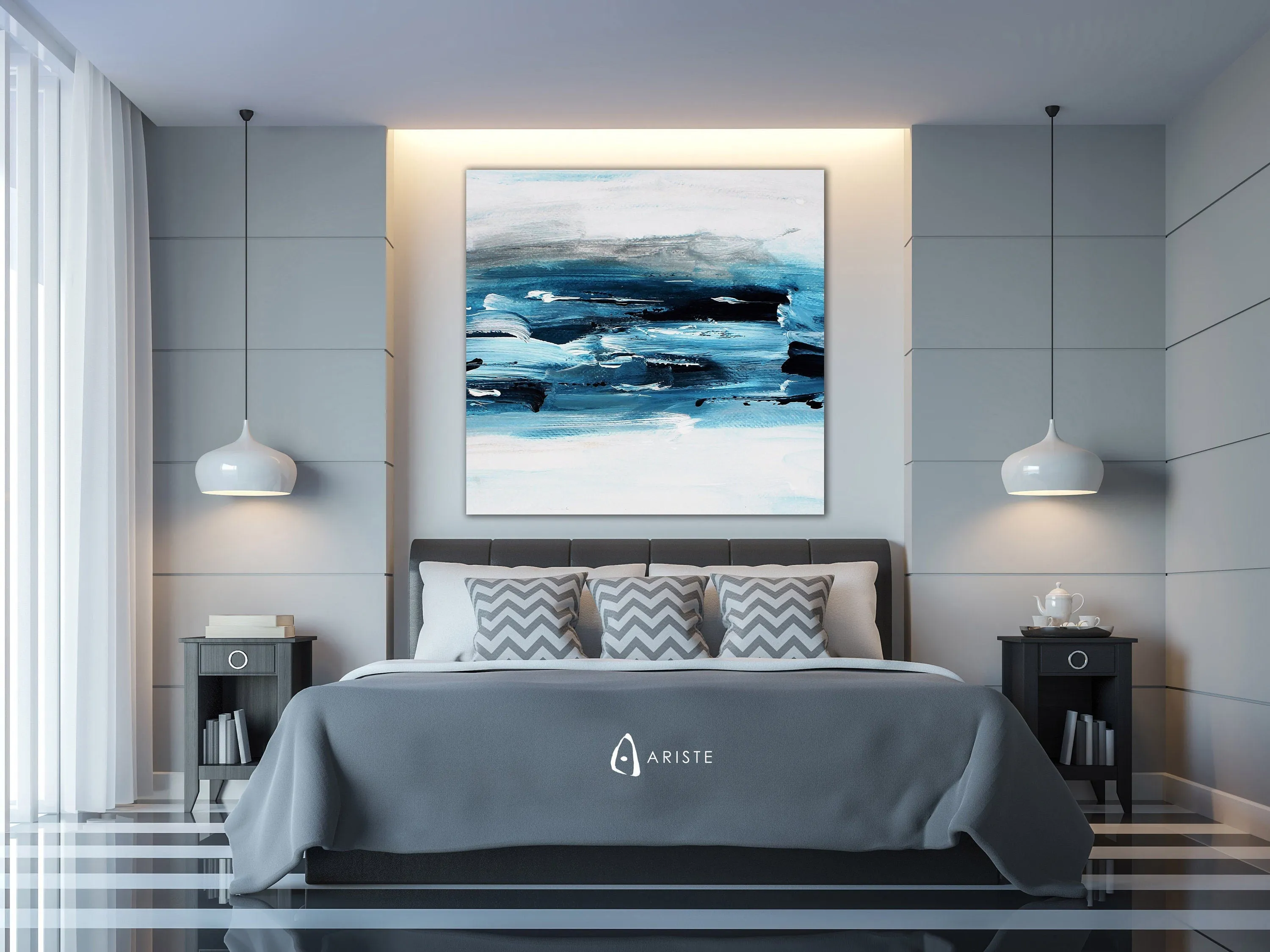 Blue & white large abstract wall art made to order in a custom size