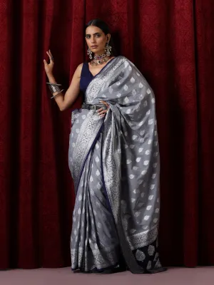 Blue and Silver Georgette Silk Saree with Blouse Fabric