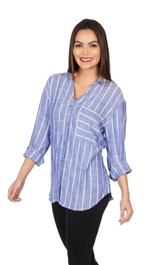 Blue and White Striped Casual Long Sleeve Stylish V-Neck Shirts with Pocket