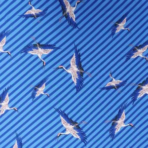 Blue and White with Stripes Birds Crepe Printed Polyester