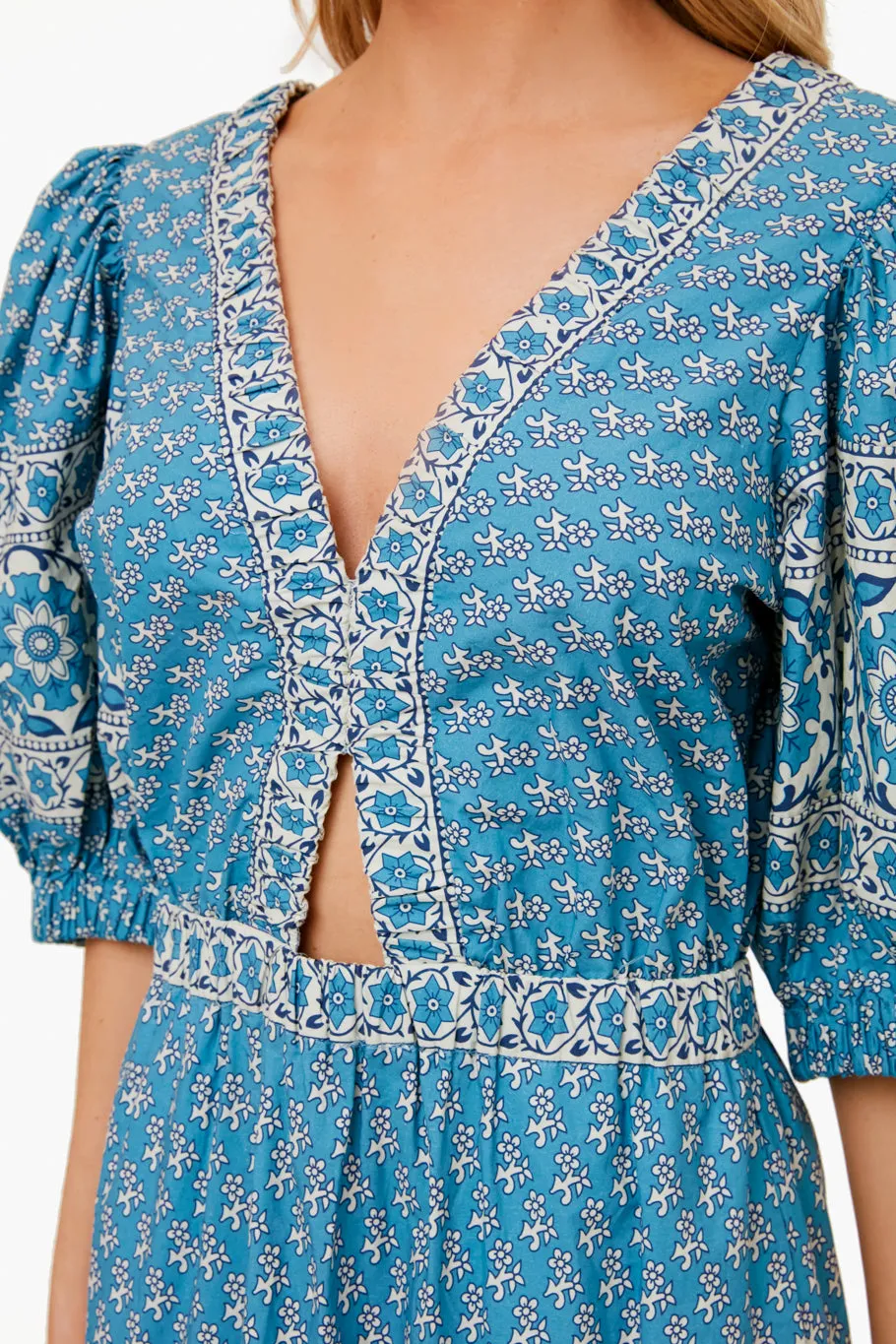 Blue Fernanda Tile Print Cut Out Dress