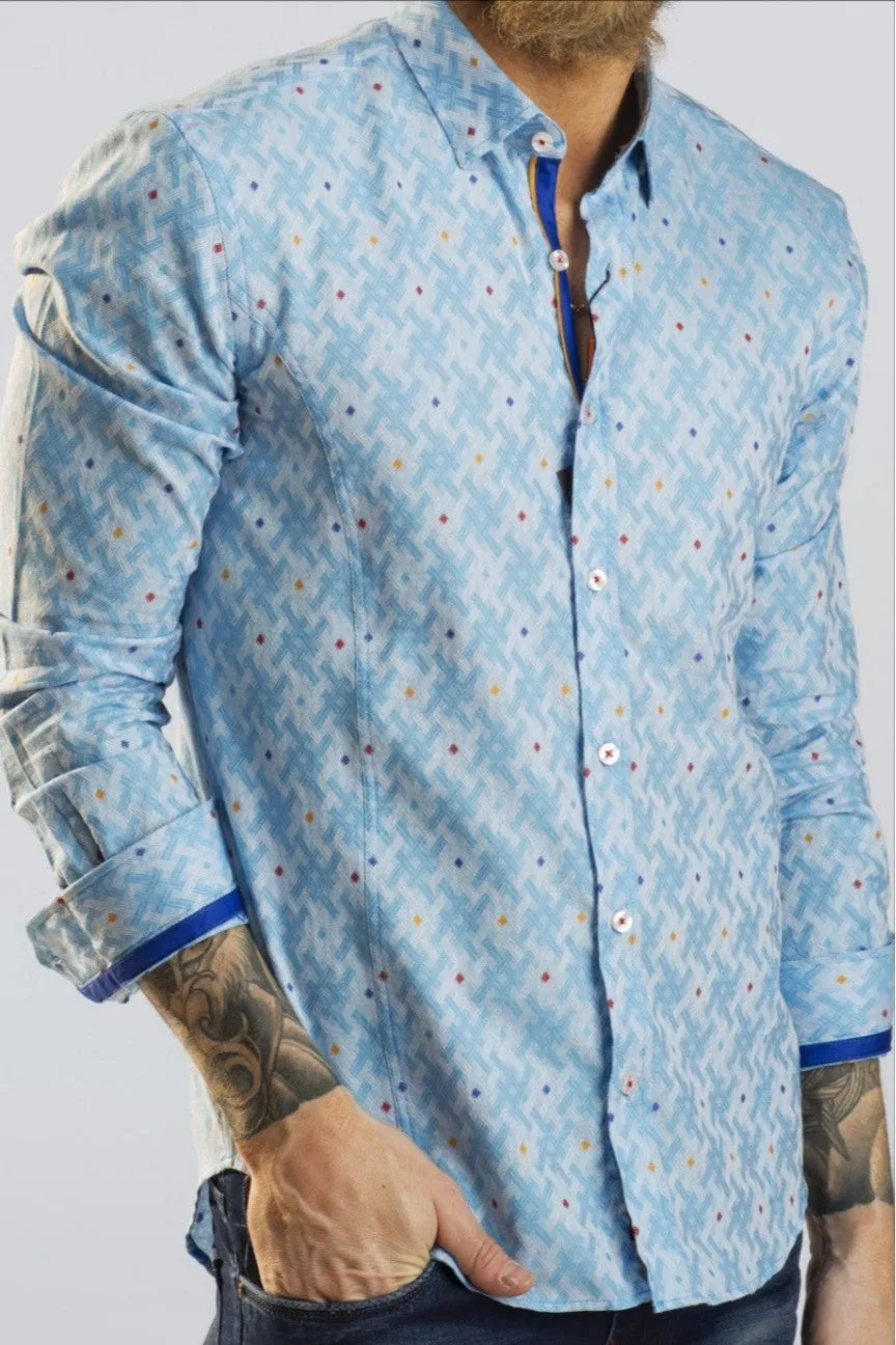 Blue Fill Coupe Button Down Jacquard Shirt W/ Accent Trim
