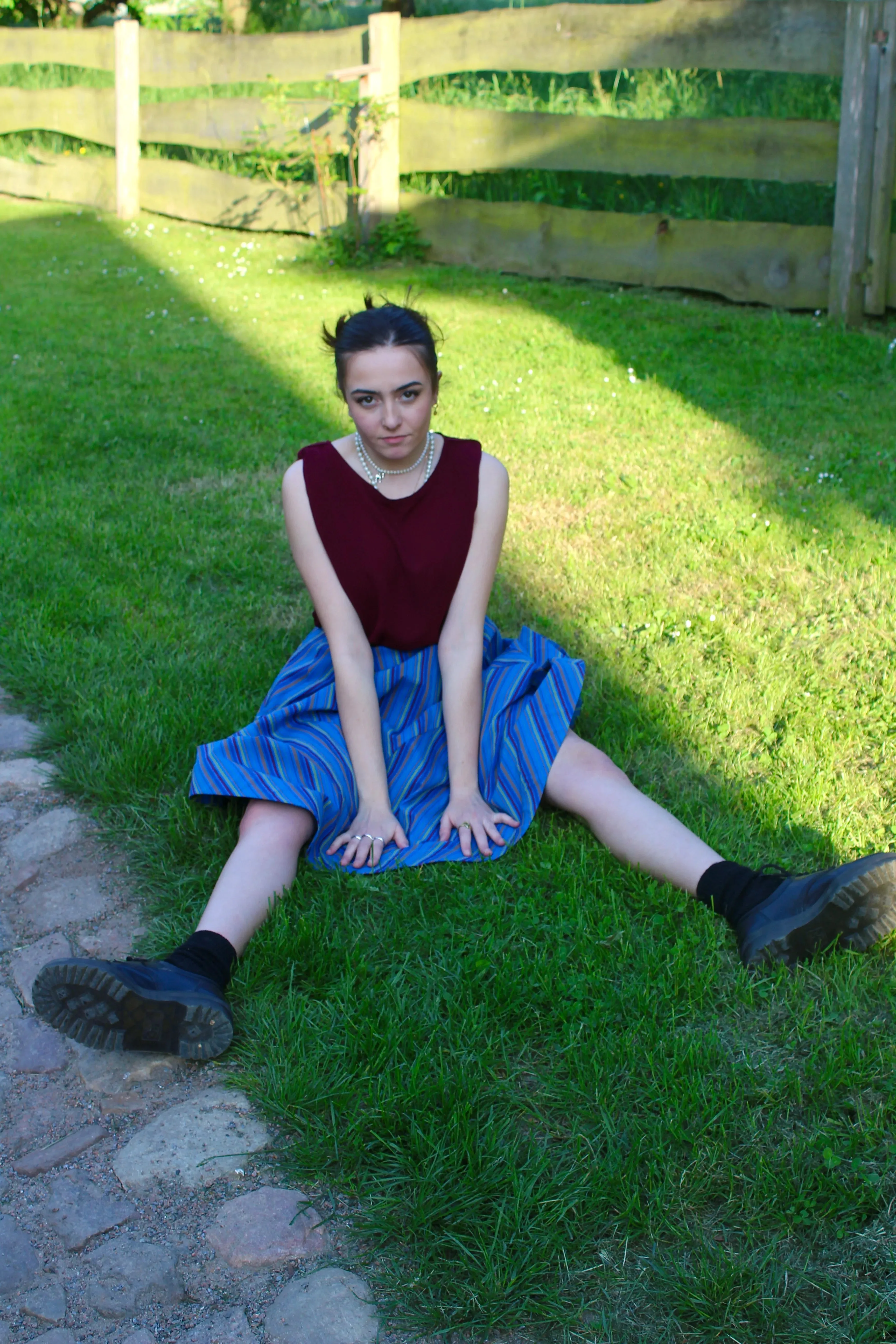 BLUE FLARED STRIPED SKIRT