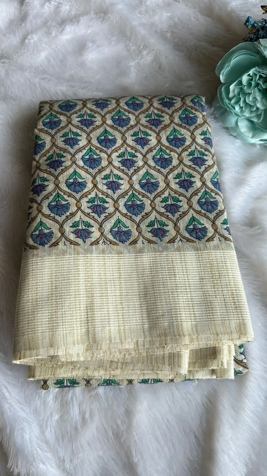 Blue floral cotton saree with blouse