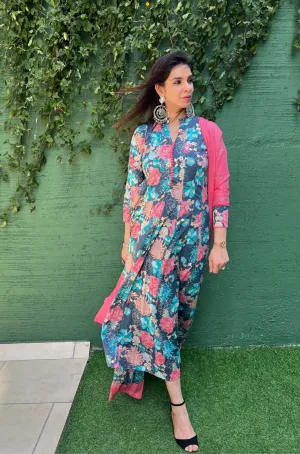 Blue Floral Printed Kali Gown With Stole