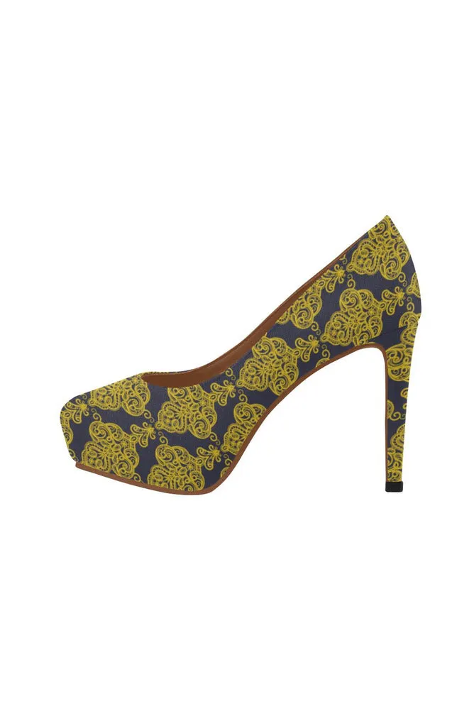 blue gold lace Women's High Heels (Model 044)