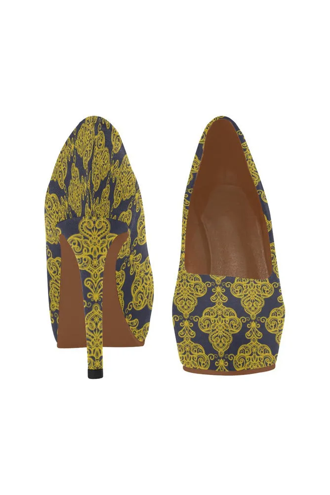 blue gold lace Women's High Heels (Model 044)