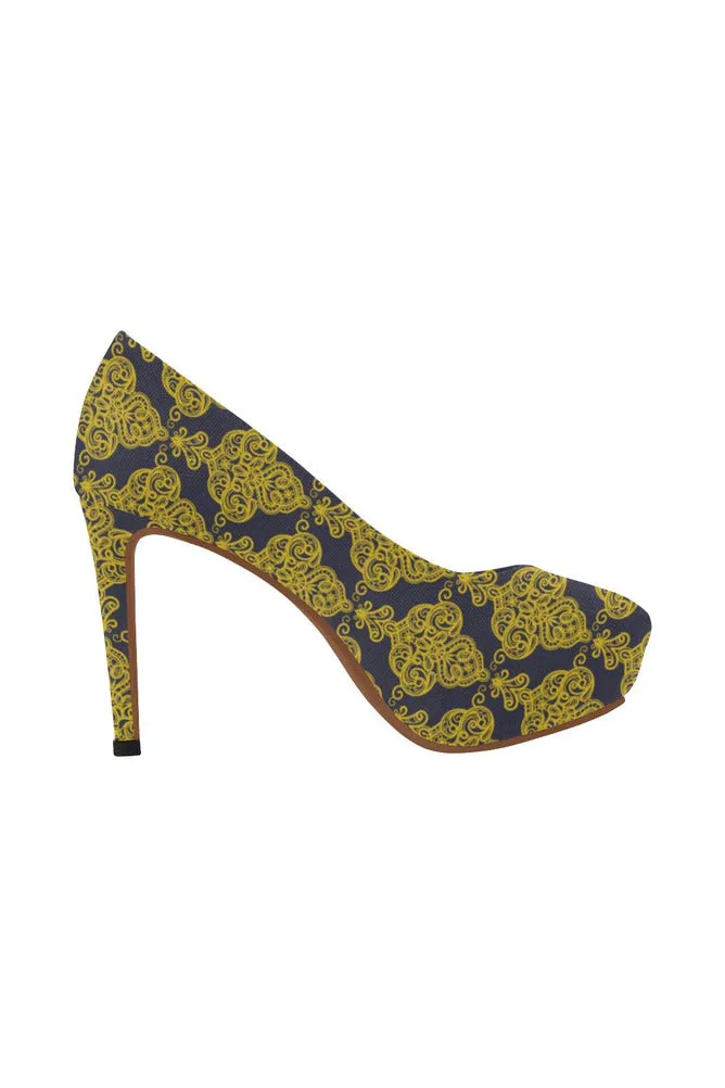 blue gold lace Women's High Heels (Model 044)