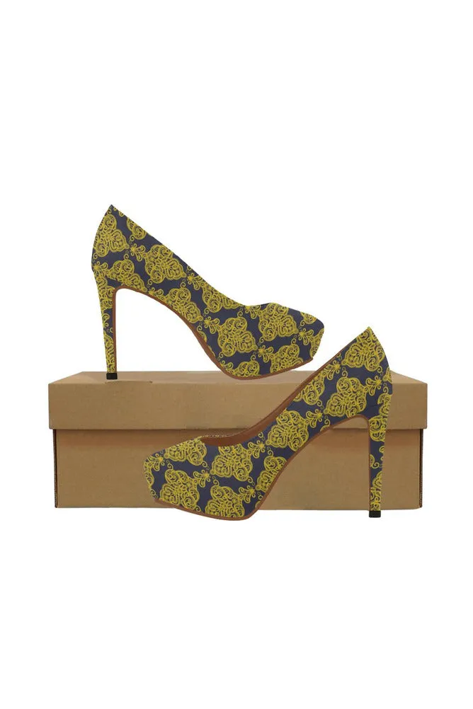 blue gold lace Women's High Heels (Model 044)