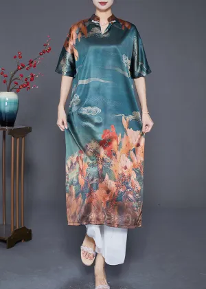 Blue Grey Print Silk Maxi Dress Nail Bead Summer LY6539