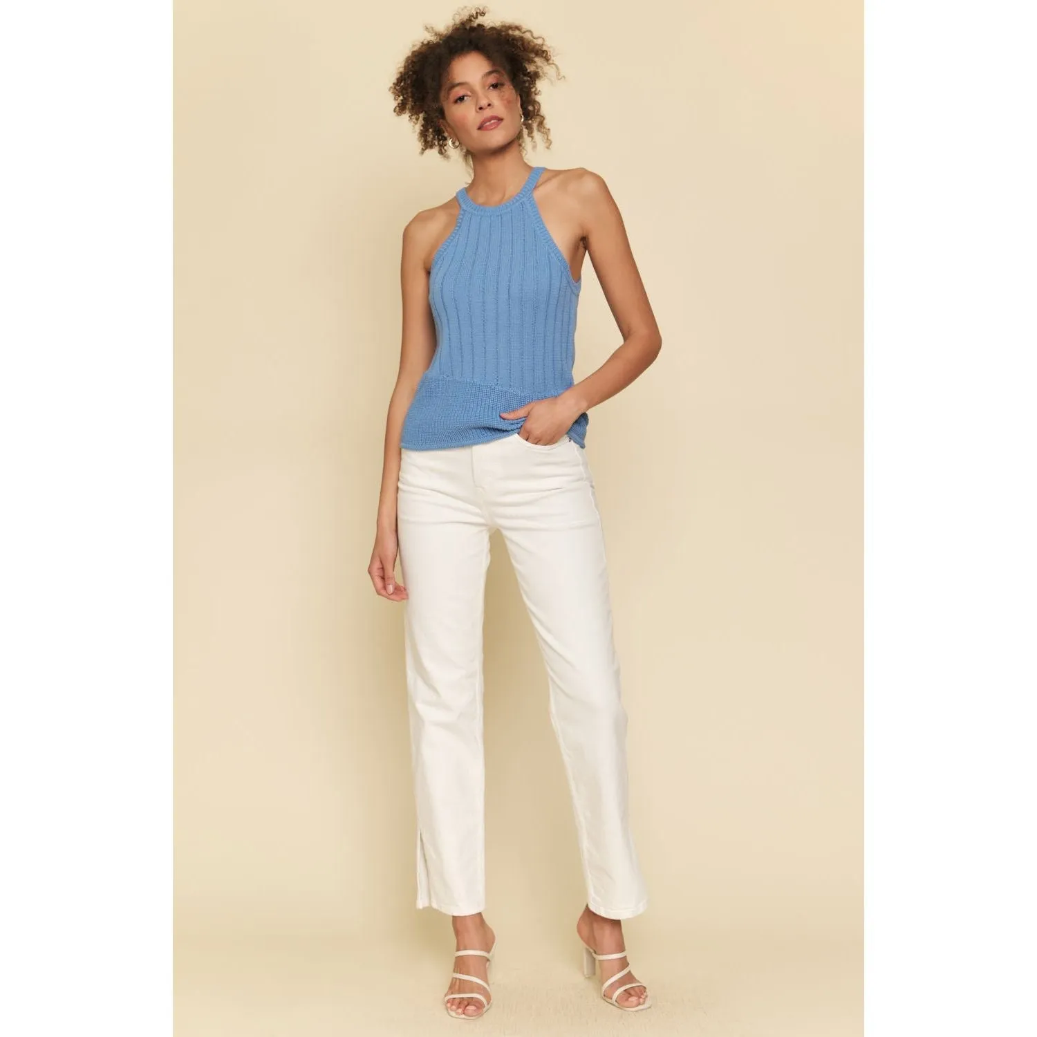 Blue Halter Neck Woven Top