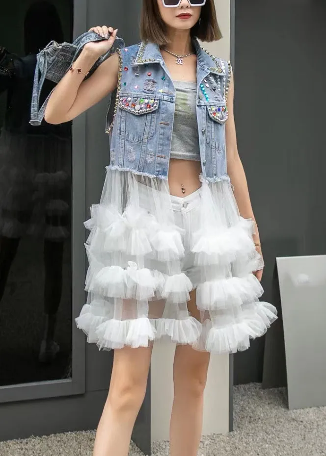 Blue Peter Pan Collar Zircon Button Tulle Mid Dress Summer LY6042