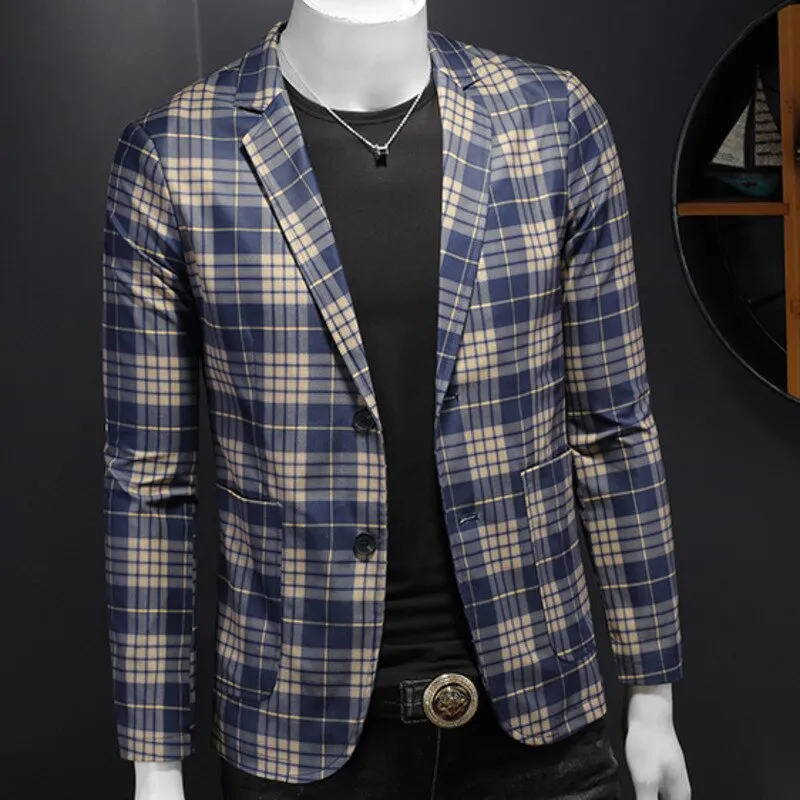 Blue Plaid Polyester Blazer