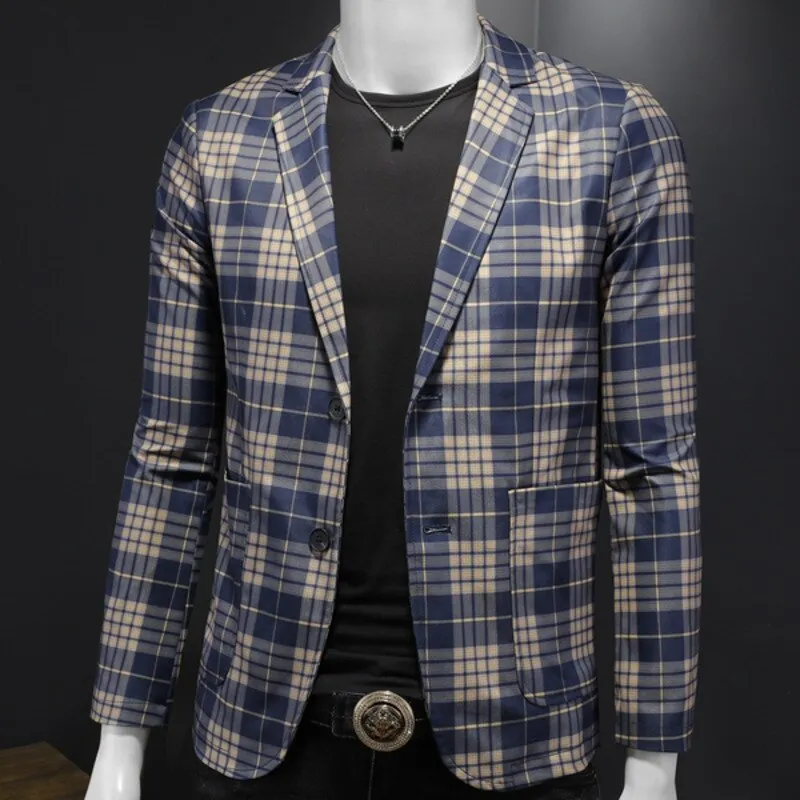 Blue Plaid Polyester Blazer