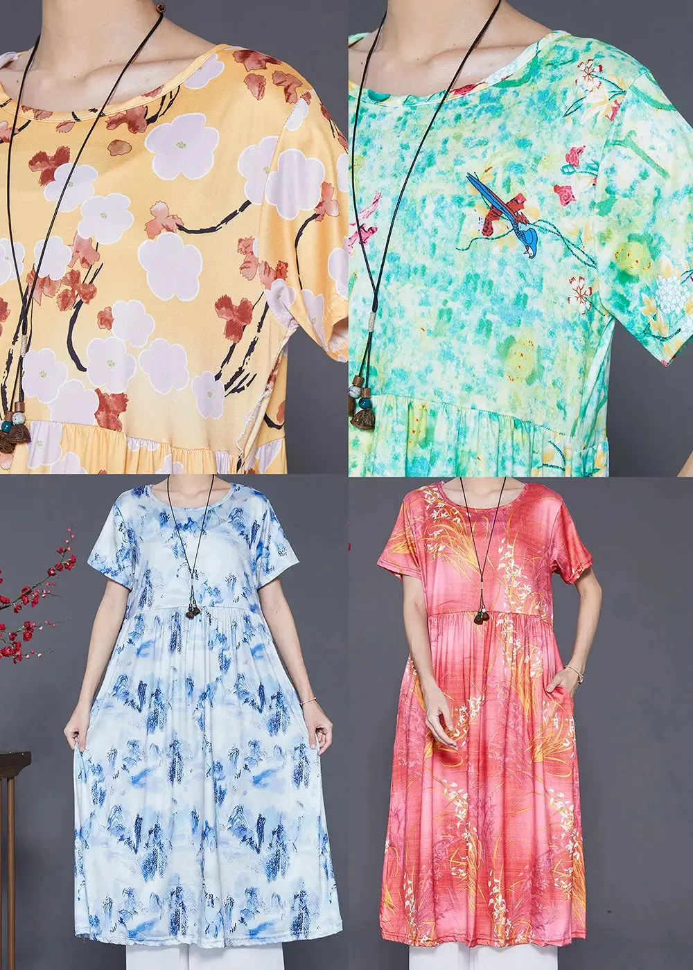Blue Print Cotton Holiday Dresses Exra Large Hem Summer LY8033