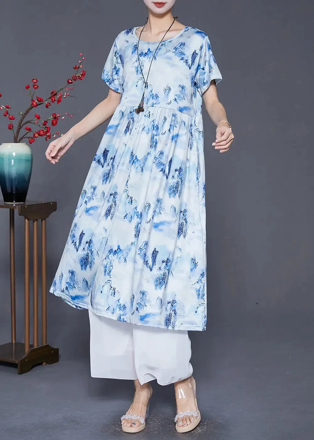 Blue Print Cotton Holiday Dresses Exra Large Hem Summer LY8033