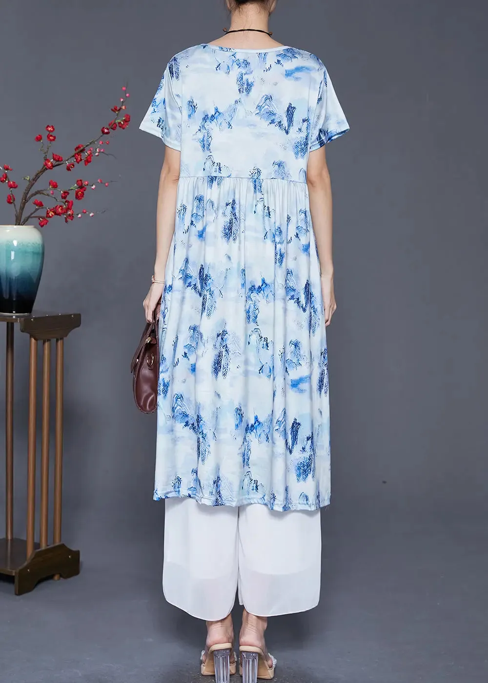 Blue Print Cotton Holiday Dresses Exra Large Hem Summer LY8033