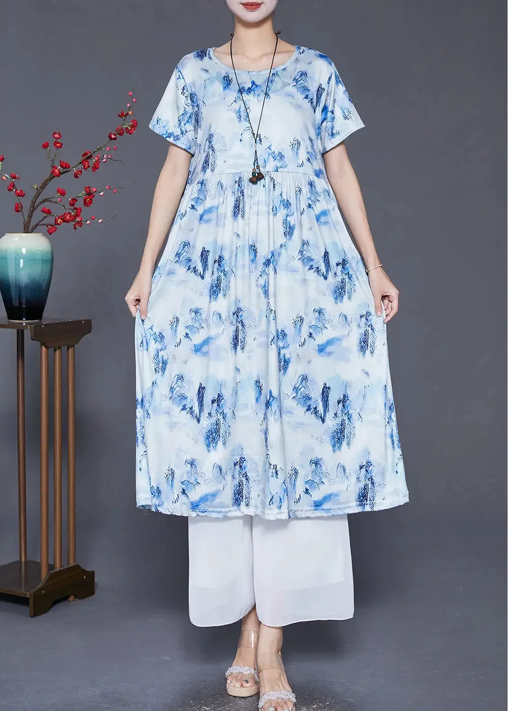 Blue Print Cotton Holiday Dresses Exra Large Hem Summer LY8033