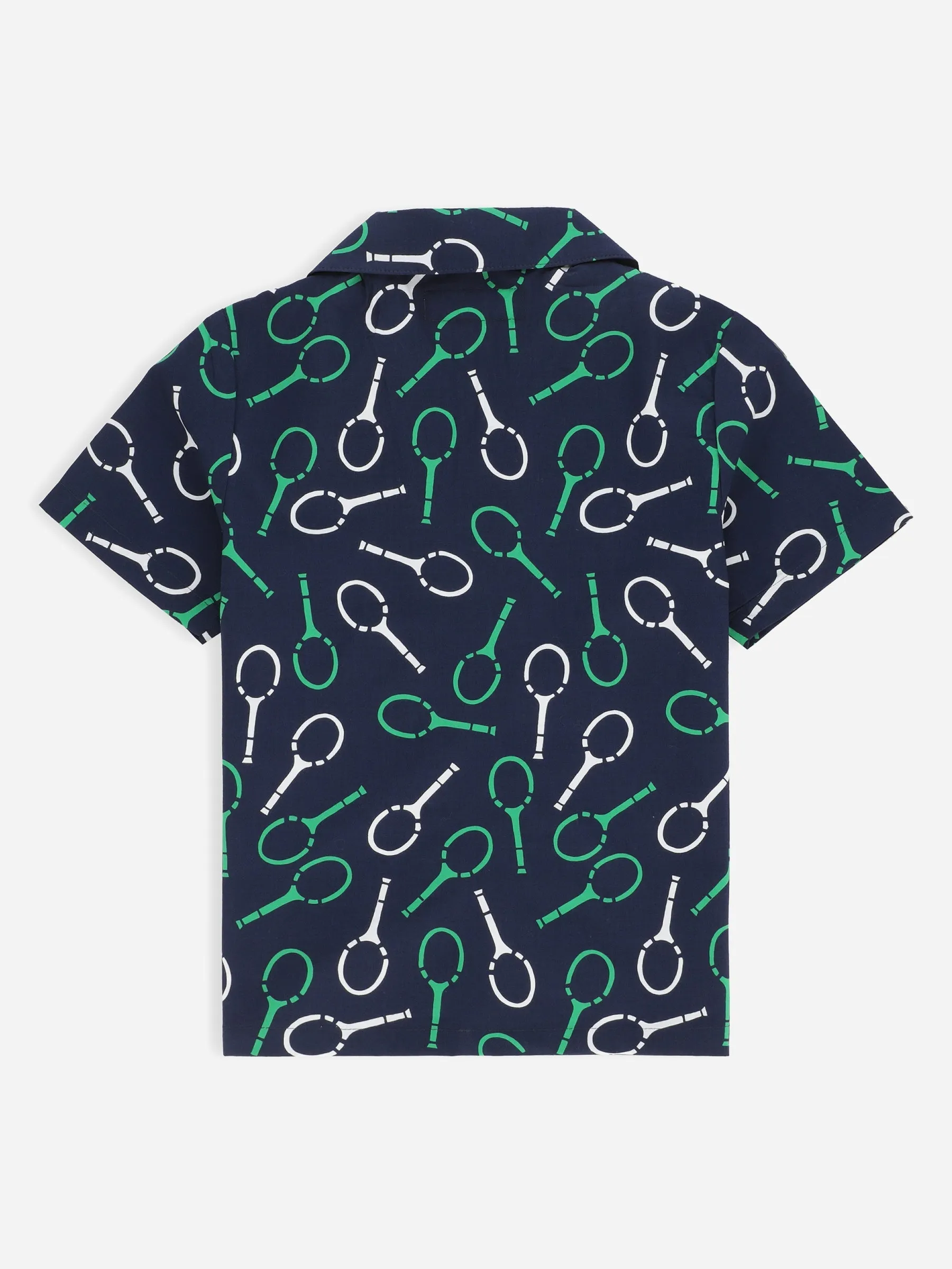 Blue Racket Printed Cuban Collar Half Sleeve Casual Shirt