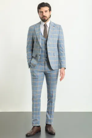 Blue Slim Fit Notch Lapel 3 Piece Plaid Suit for men by GentWith