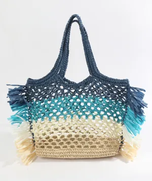 Blue Striped Bag with Twin Top Handles and Interior Pockets