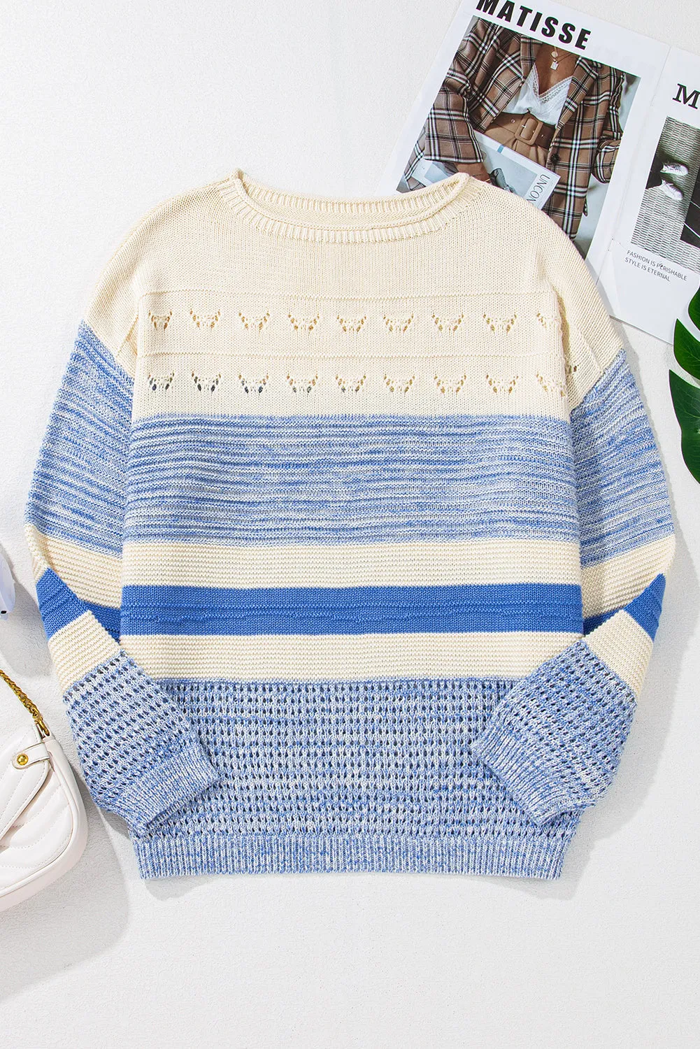 Blue Striped Women's Fashion Knit Top Contrast Round Neck Long Sleeve Sweater
