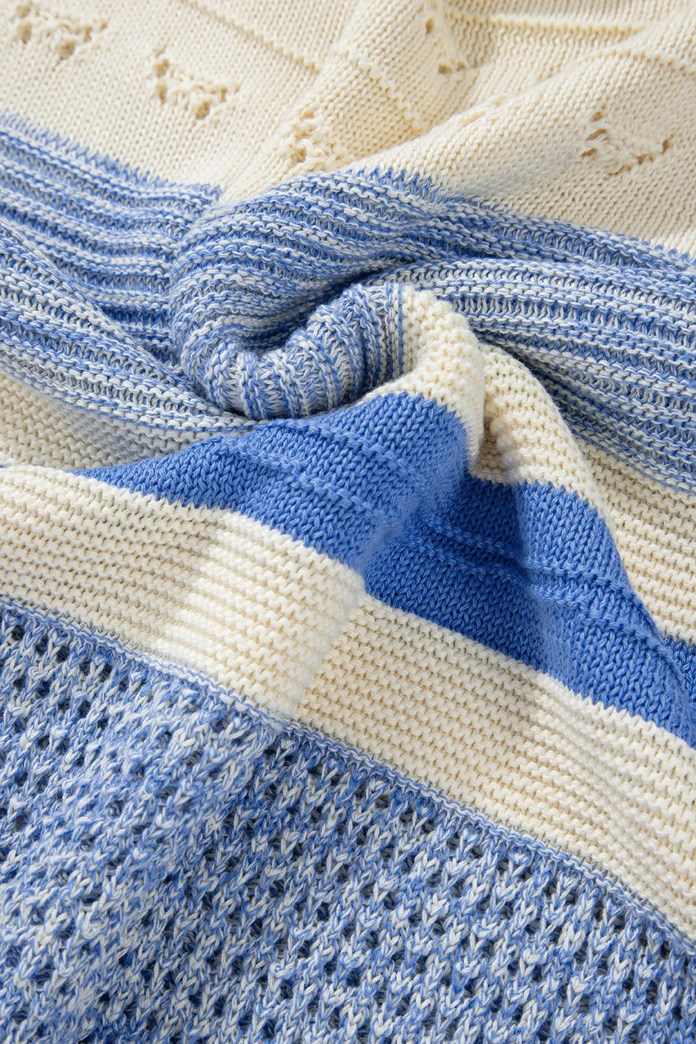 Blue Striped Women's Fashion Knit Top Contrast Round Neck Long Sleeve Sweater