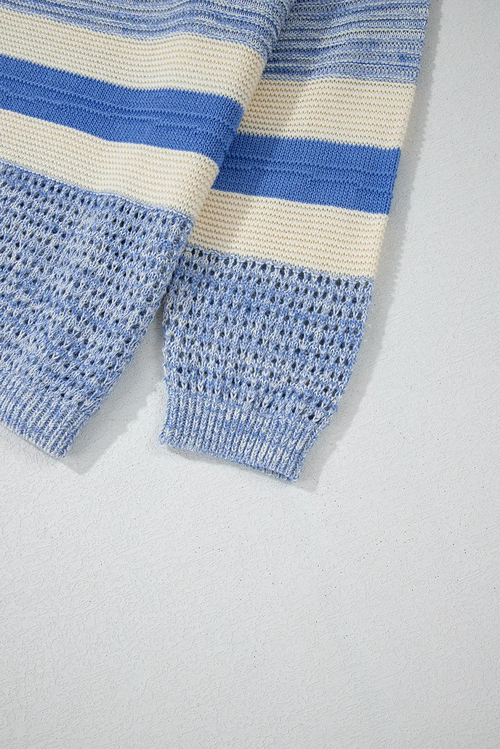 Blue Striped Women's Fashion Knit Top Contrast Round Neck Long Sleeve Sweater