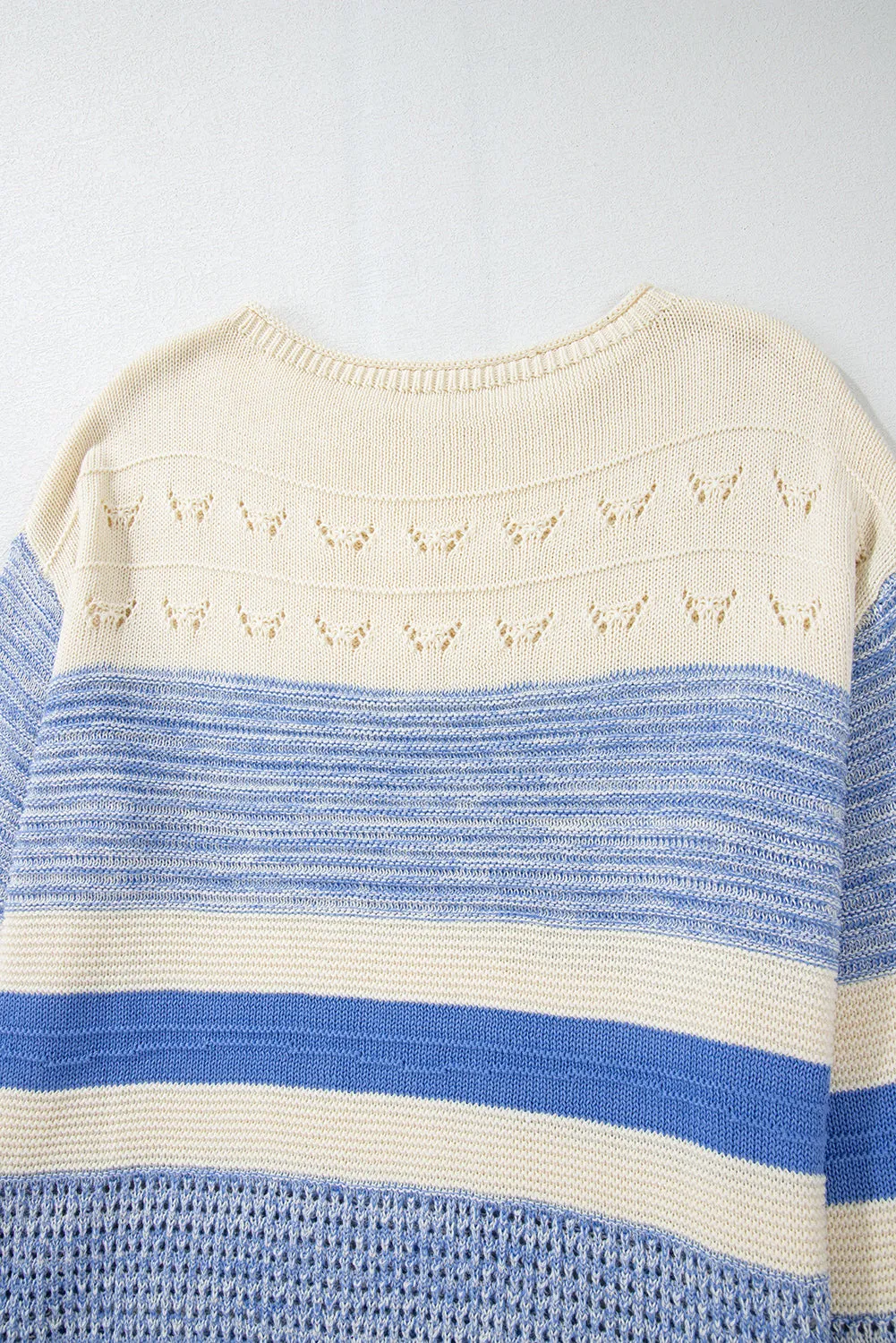 Blue Striped Women's Fashion Knit Top Contrast Round Neck Long Sleeve Sweater