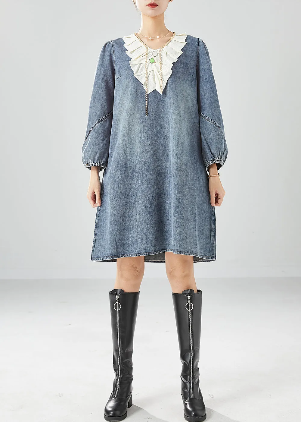 Bohemian Grey Blue Ruffles Patchwork Denim Maxi Dress Summer LY6139