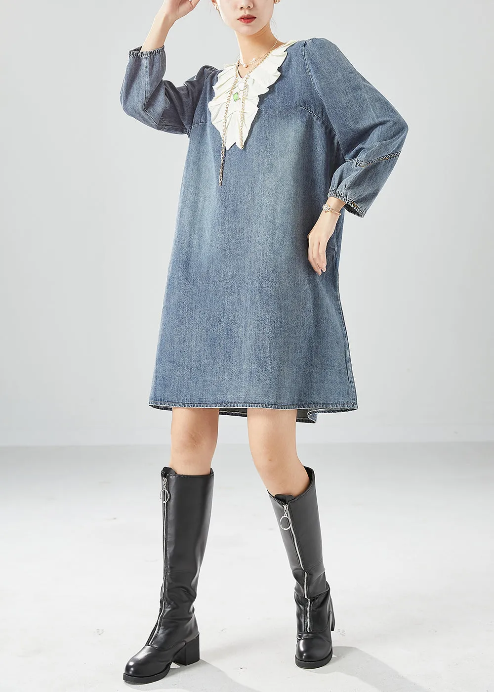 Bohemian Grey Blue Ruffles Patchwork Denim Maxi Dress Summer LY6139